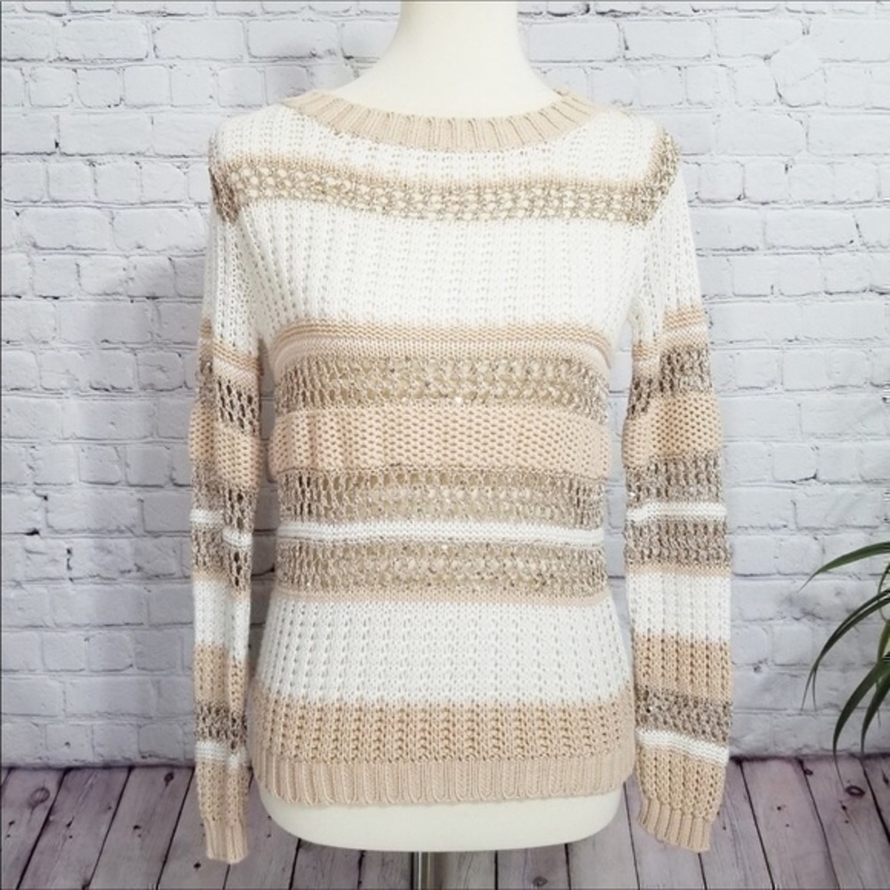 BOSTON PROPER tan open knit sweater